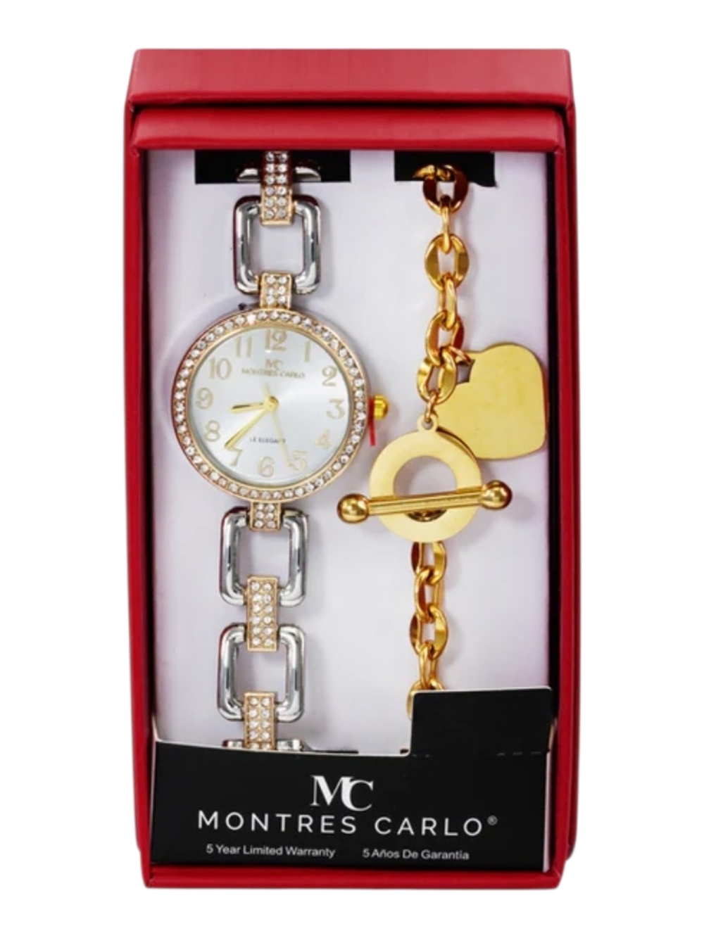 Two-Tone Crystal Bracelet Watch with Gold Charm Bracelet - Silver & Gold